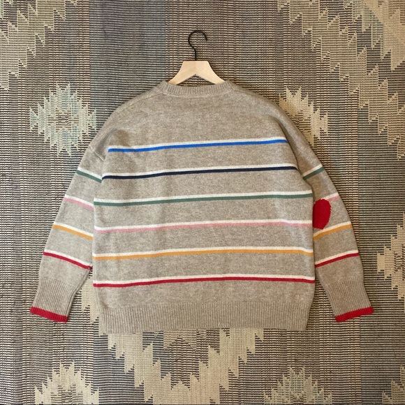 Sundry Oatmeal Rainbow Striped Heart Cozy Merino Wool Oversized Slouchy Sweater - Picture 5 of 6